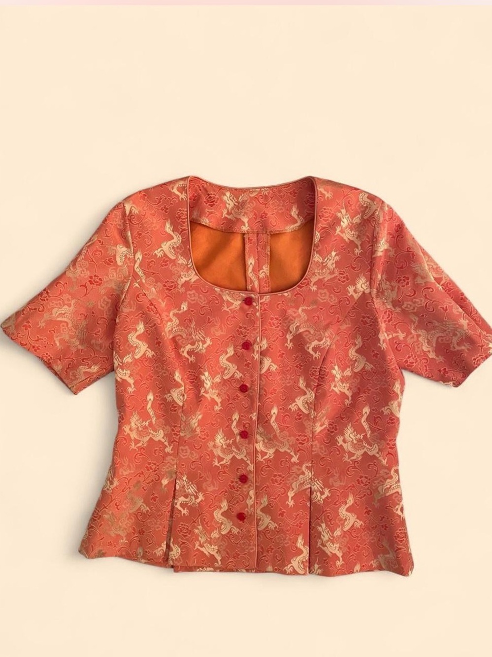 Handmade Thai Silk Empress Dragon Brocade Blouse Orange & Gold Peplum Pleated M
